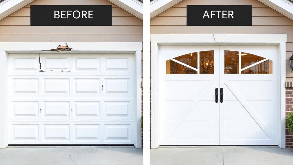 Before and after garage door repair showing dramatic improvement