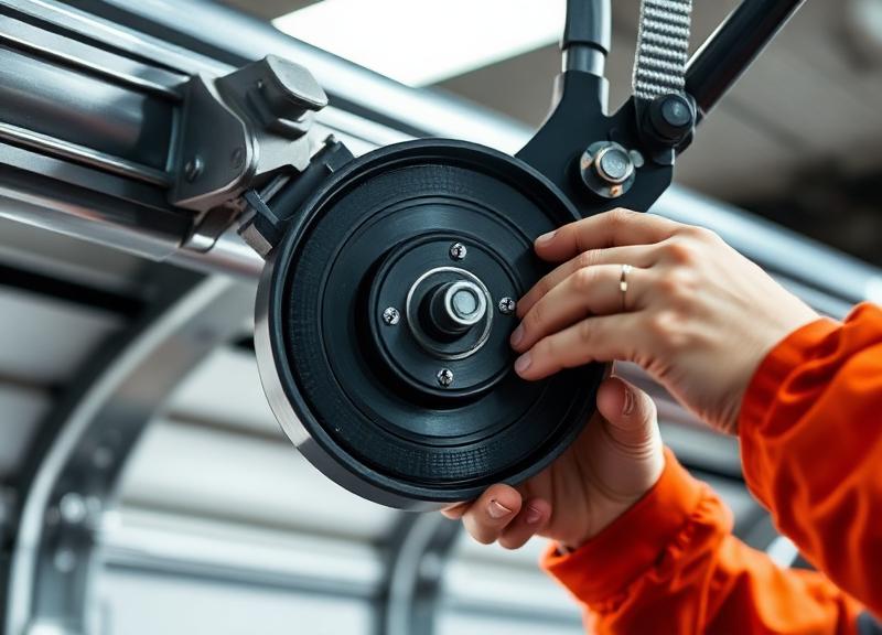 Technician performing garage door belt replacement service