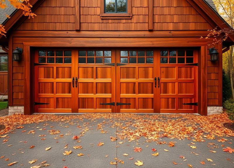Beautiful wood garage door with fall foliage setting