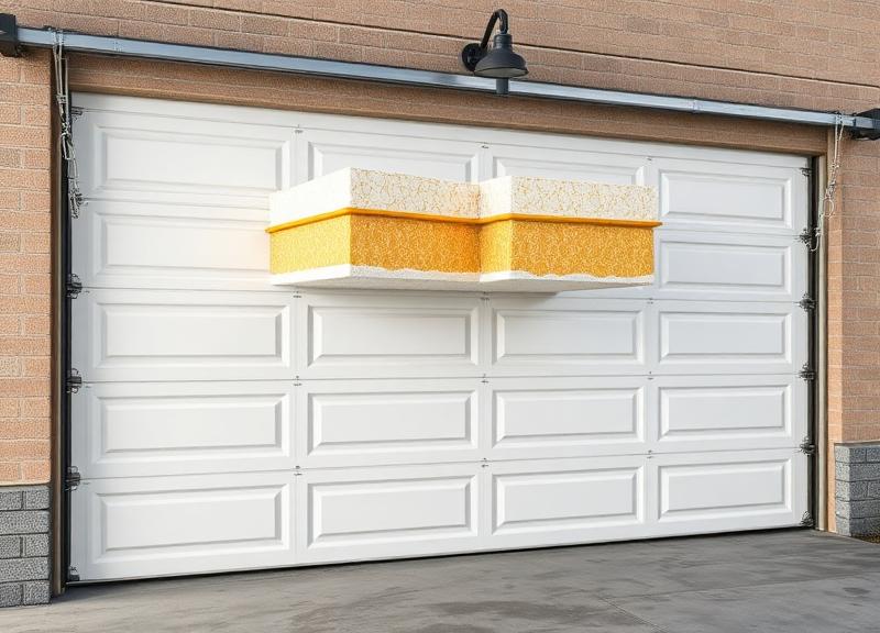 Cross-section of insulated garage door showing R-value insulation layers