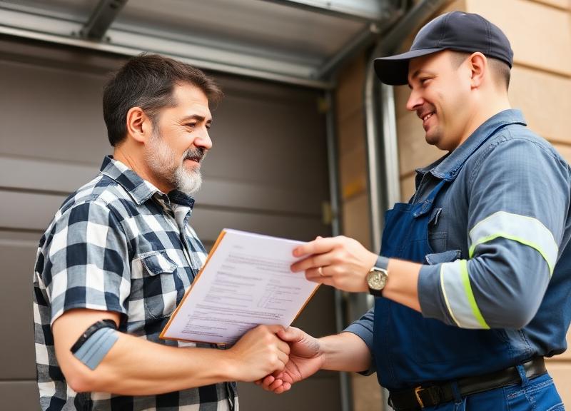 Homeowner reviewing garage door warranty documents with technician